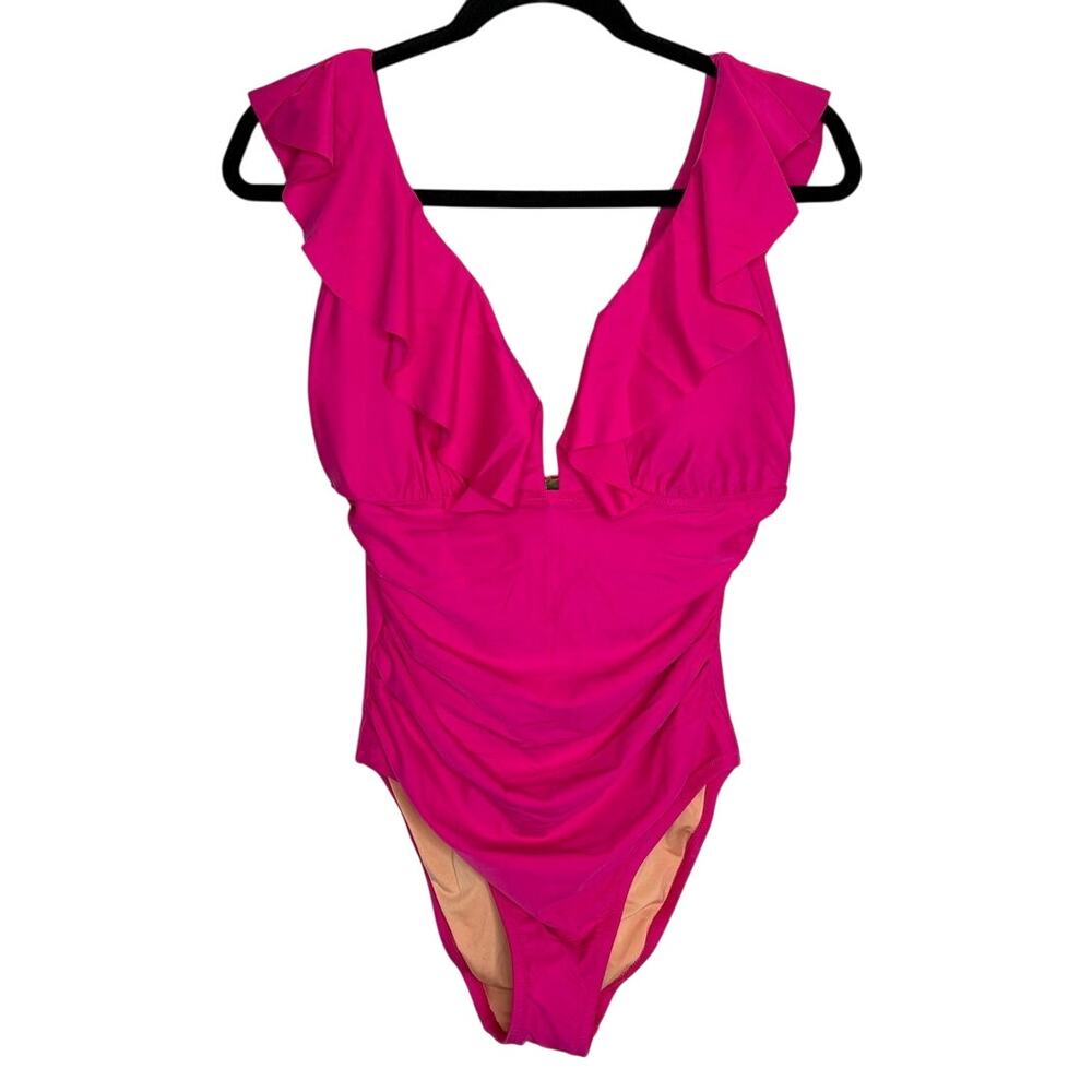 J.Crew Ruched Ruffle One-Piece Pink Swimsuit - Size 14 - Picture 3 of 6